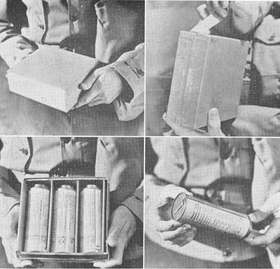 A package containing 100 cc. cans of serum albumin.