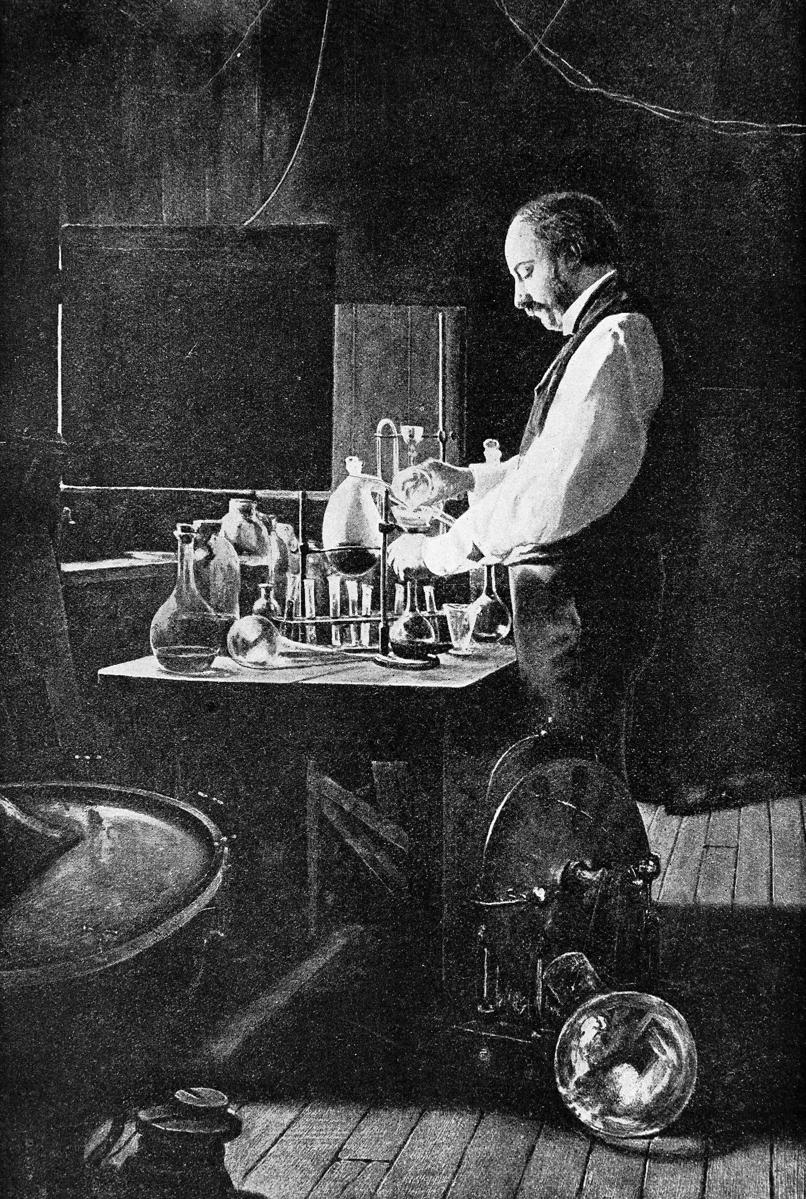 Lord Rayleigh experimenting in his home laboratory.