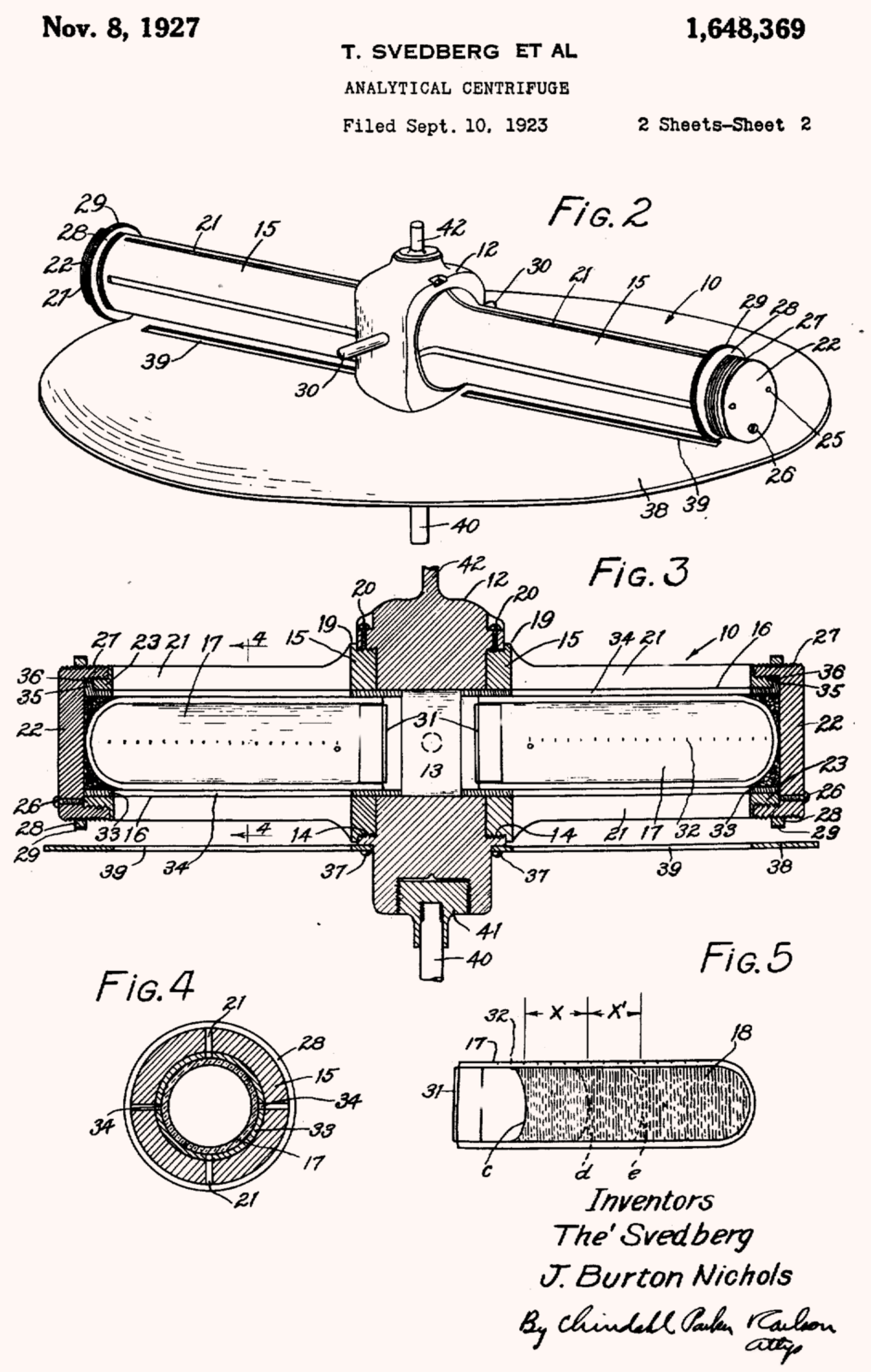 Svedberg and colleague J. Burton Nichols's 1923 ultracentrifuge patent drawing.