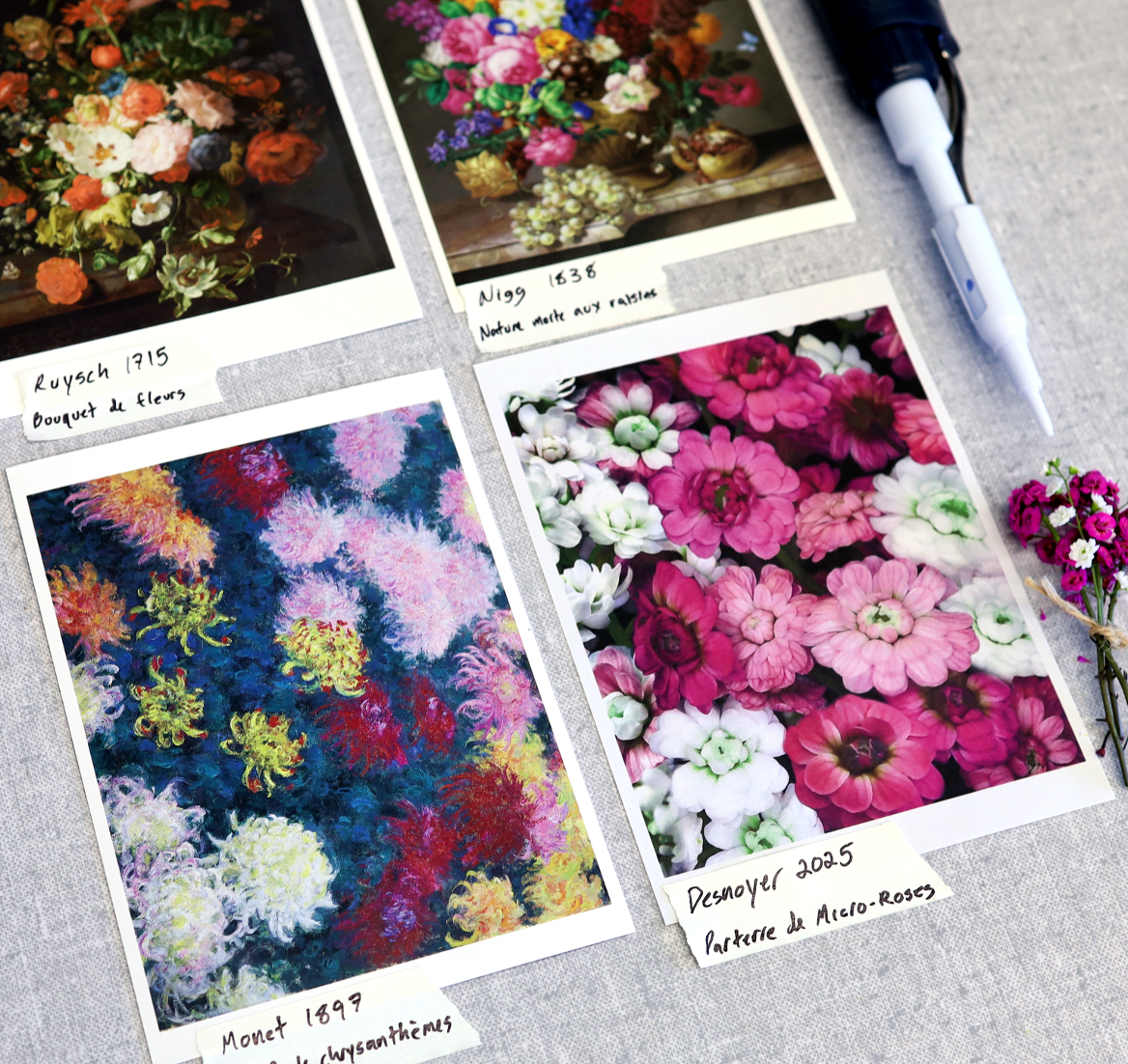 A photograph of Desnoyer's Micro-Roses next to famous paintings by Claude Monet and Rachel Ruysch.