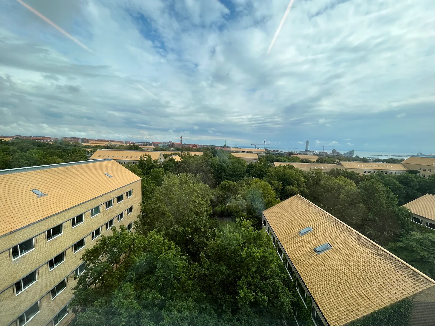 A view of Aarhus University and the distant harbor.