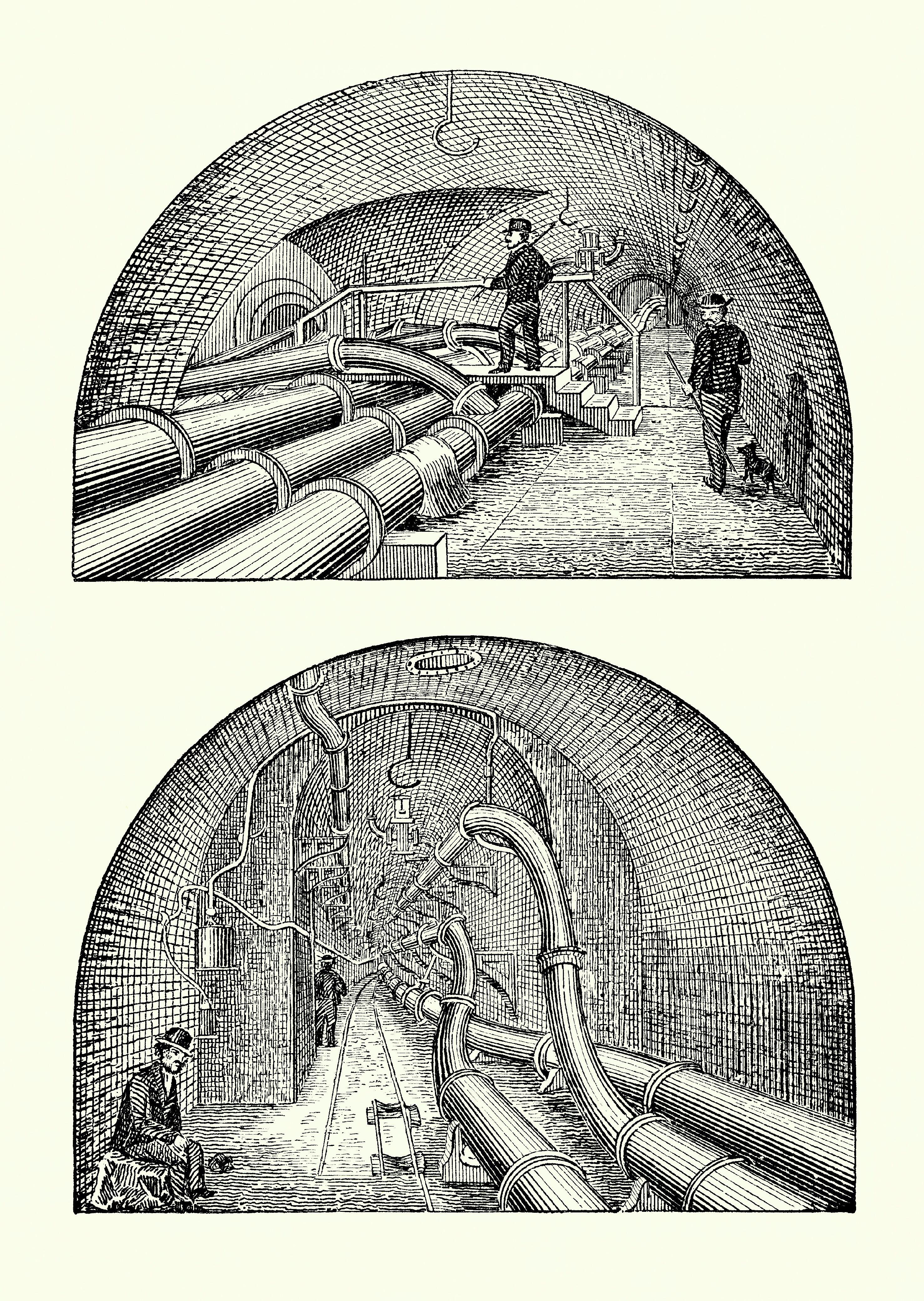 Inside the London sewer tunnels, with pipes for gas, water supply and sewage.