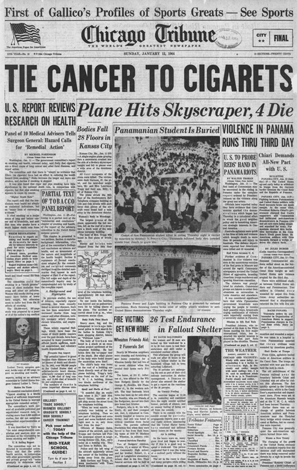 Front page of the Chicago Tribune on January 12th, 1964.