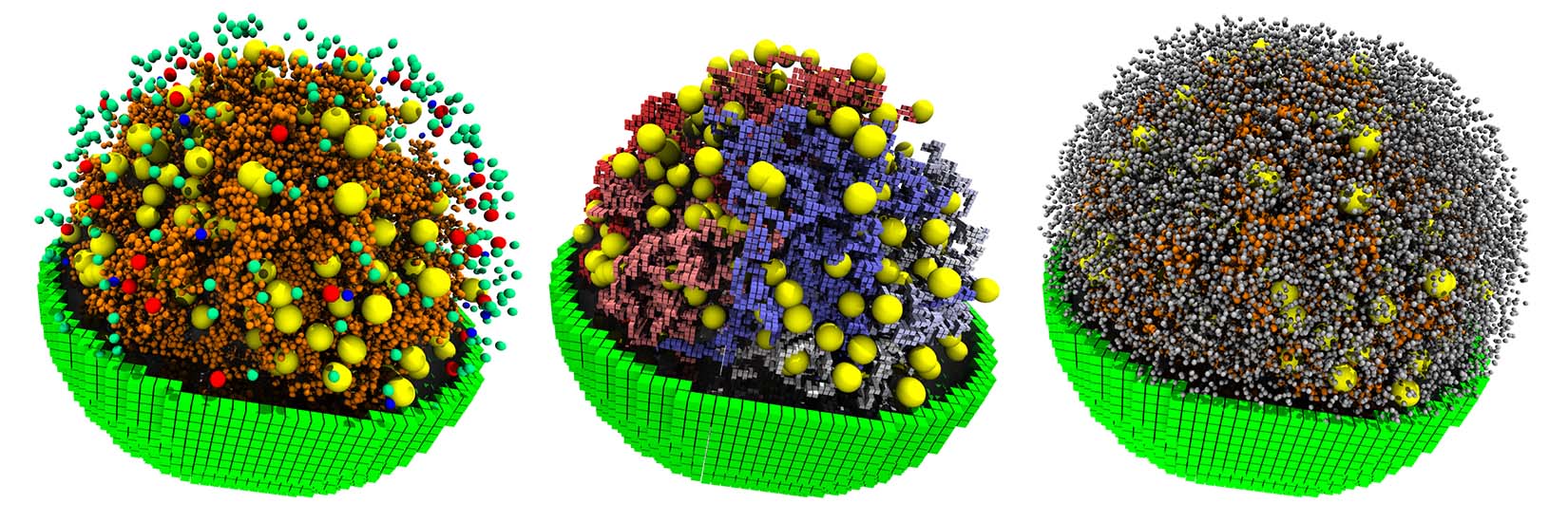 A computer model of the 3D interior of the JCVI minimal cell, staffed with numerous ribosomes depicted as yellow spheres.