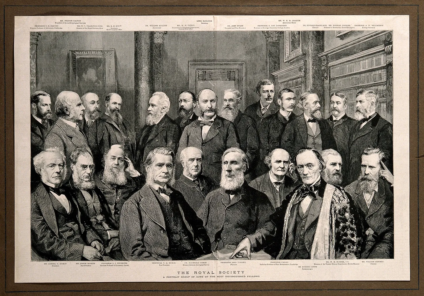Many fellows of The Royal Society in a wood engraving from 1889.