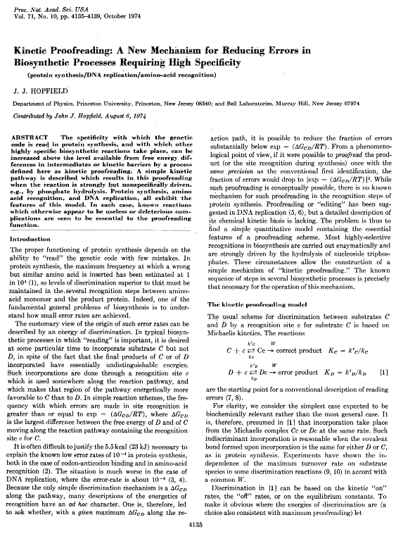 The first page of Hopfield’s 1974 paper.