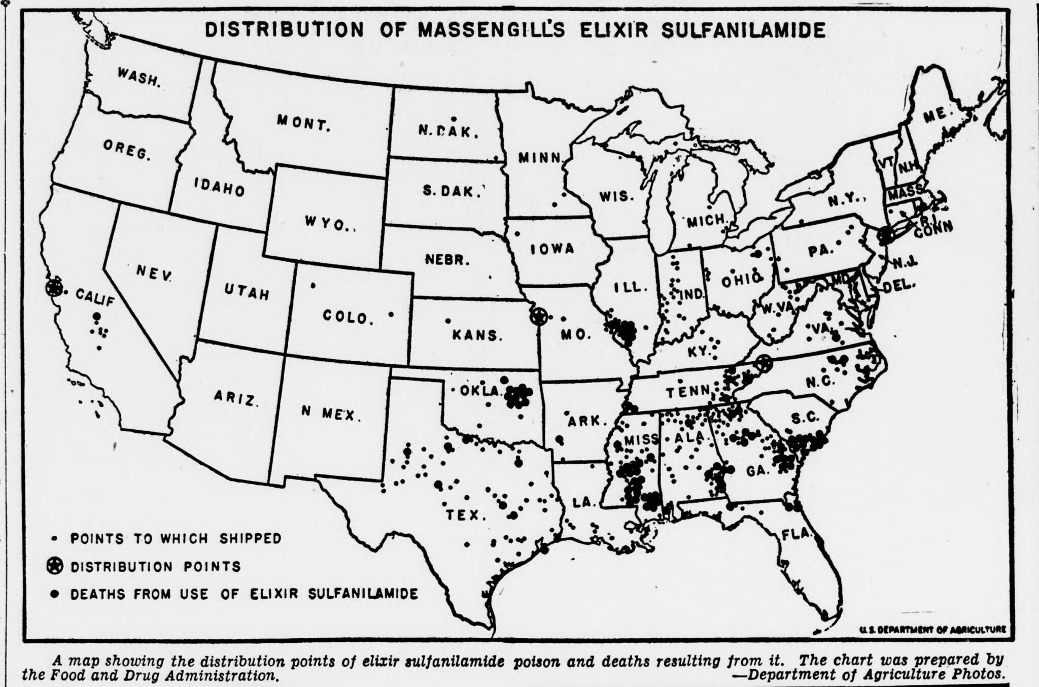A 1939 map tracing shipments of Elixir Sulfanilamide.