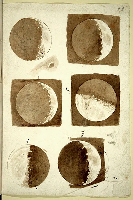 Moon phase sketches in Galileo Galilei's Sidereus Nuncius, 1609