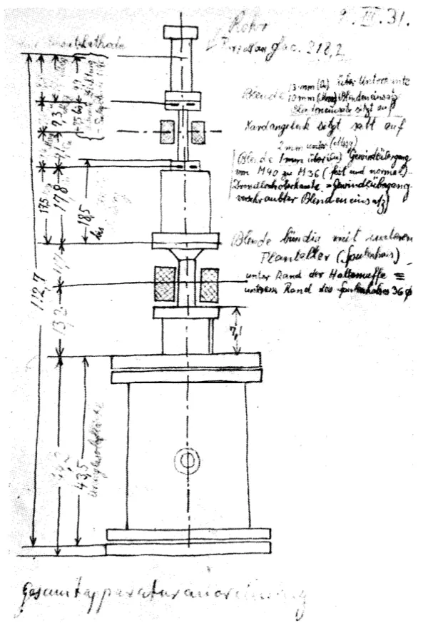 Sketch by Ernst Ruska of his first electron microscope prototype