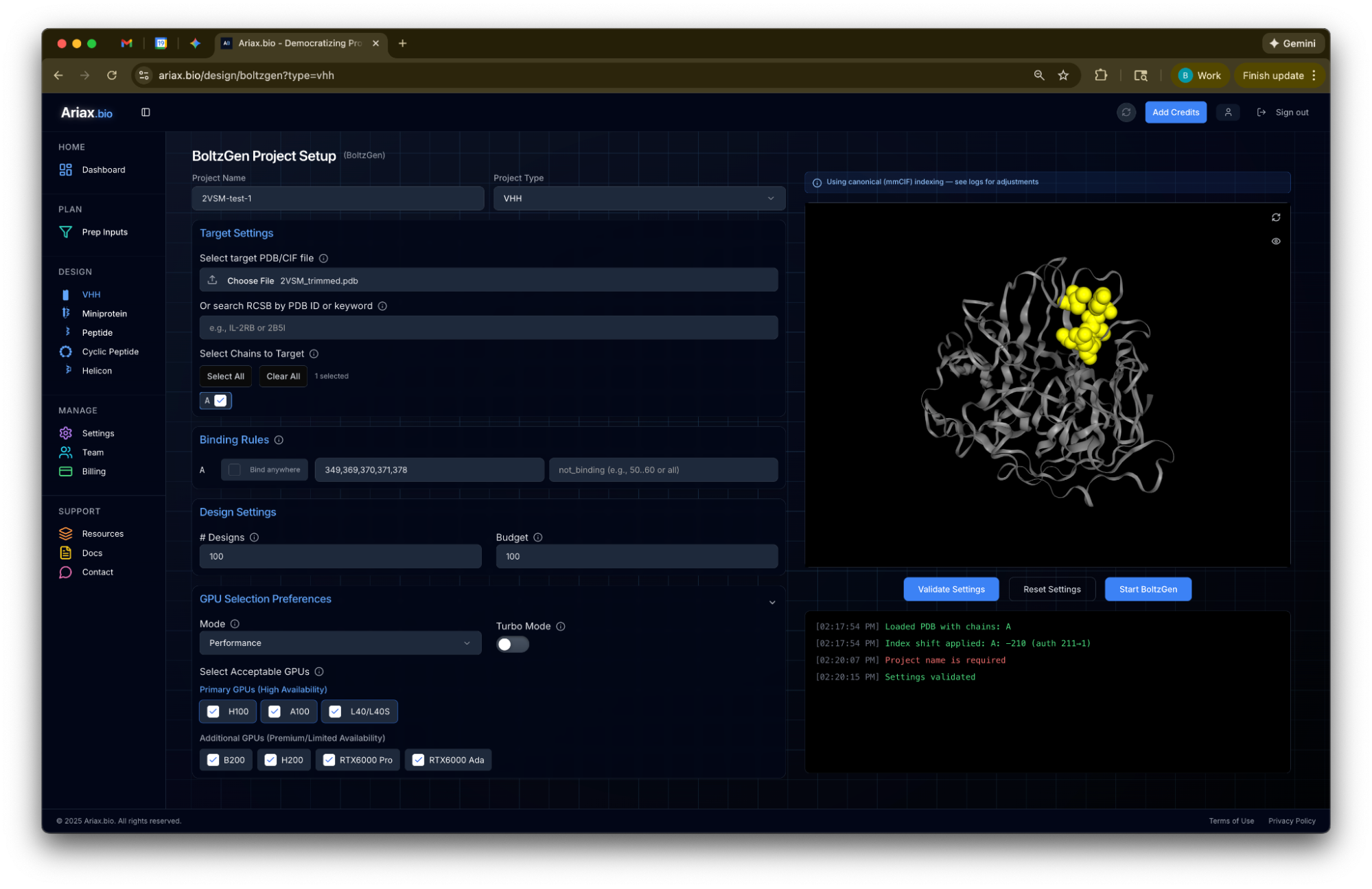 A view of the Ariax BoltzGen page