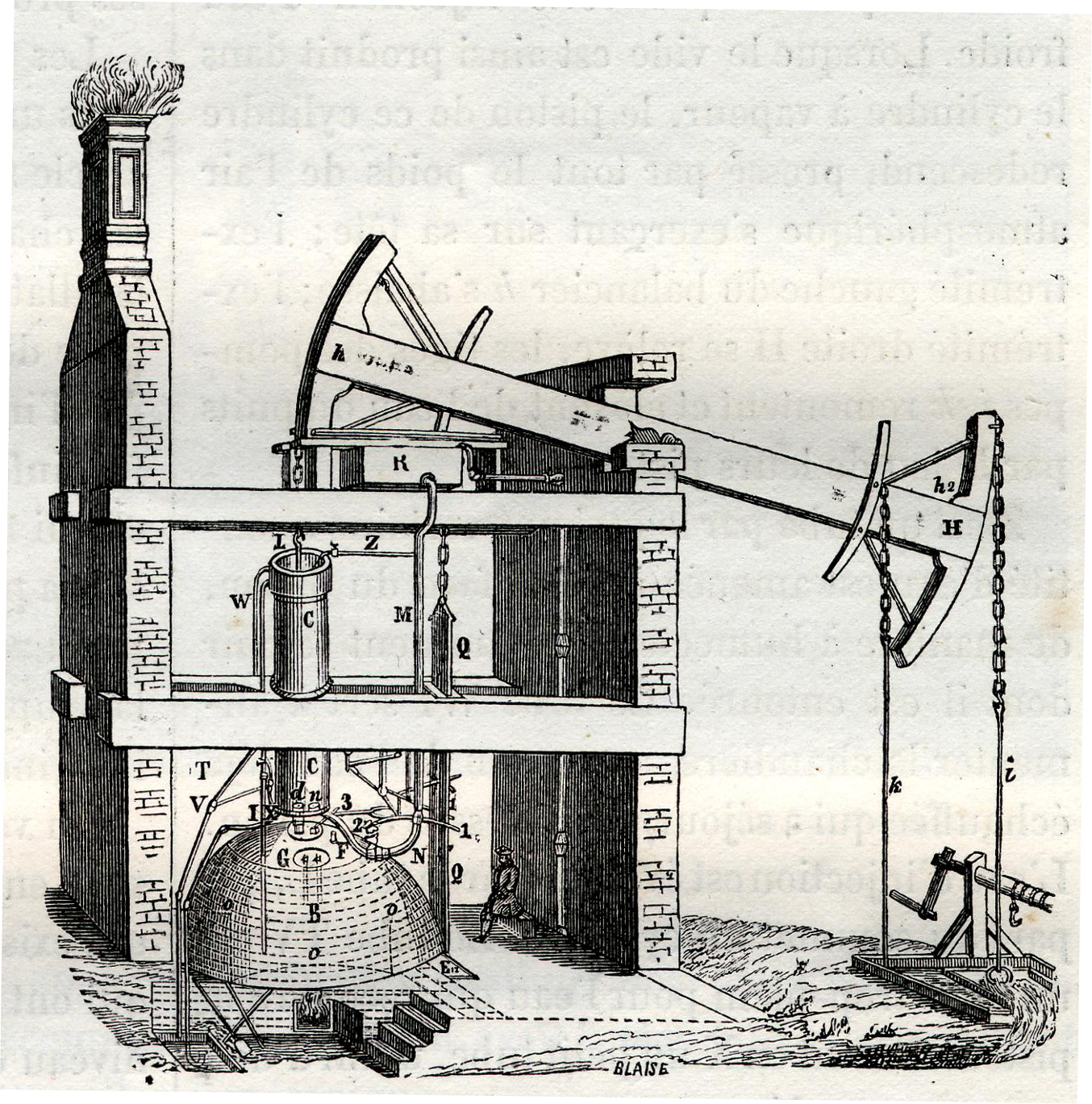 A Newcomen atmospheric engine. Schematic by Louis Figuer, 1868.