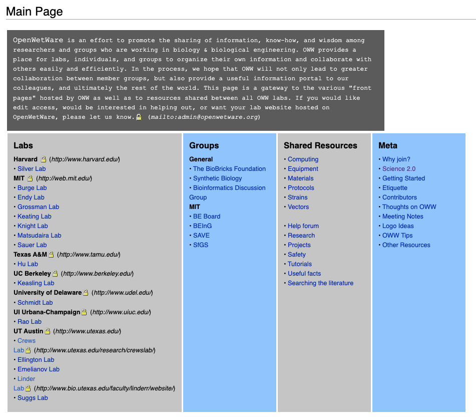 A screenshot of OpenWetWare's front page from November 5th, 2005