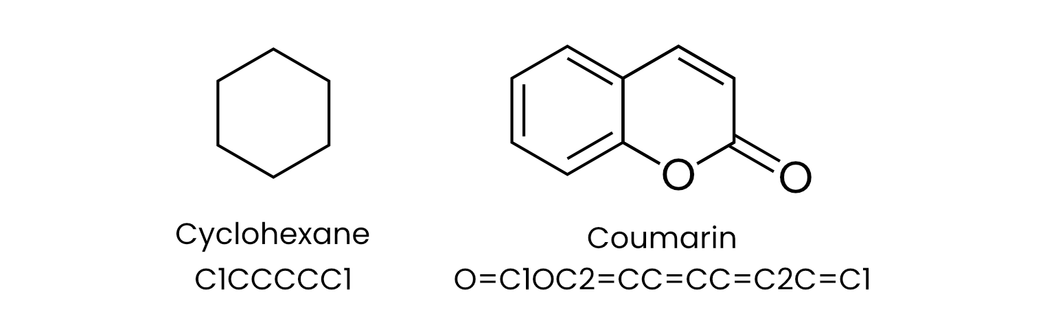 Chemical structure and SMILES string of cyclohexane and coumarin