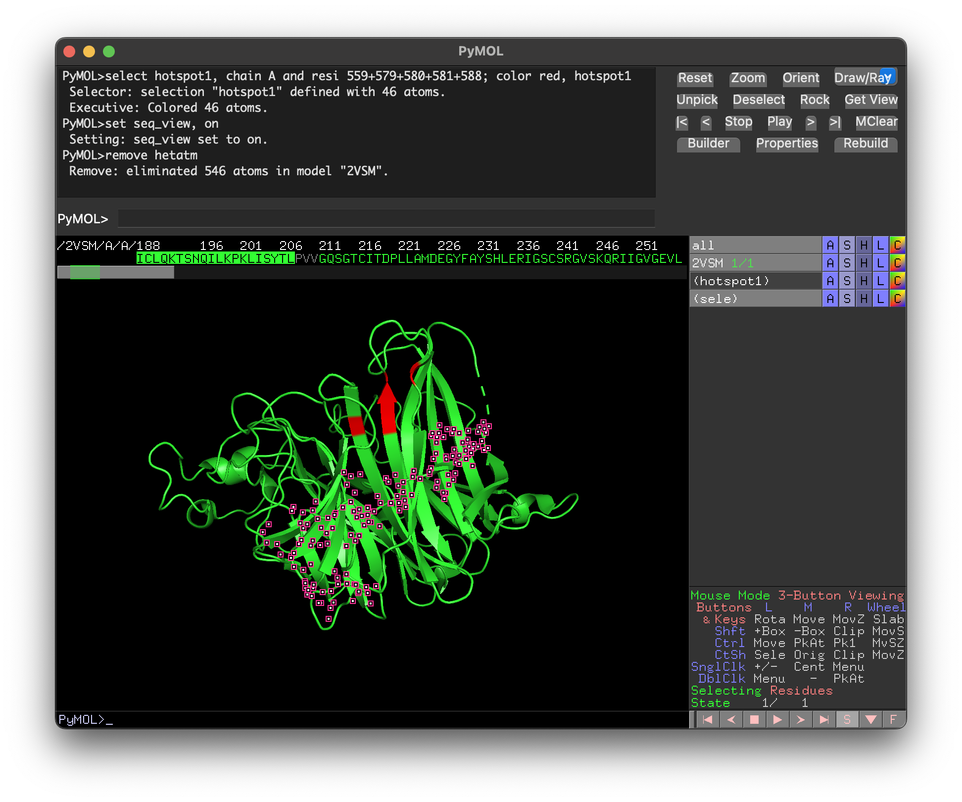 Selecting and coloring the first hotspot in PyMOL