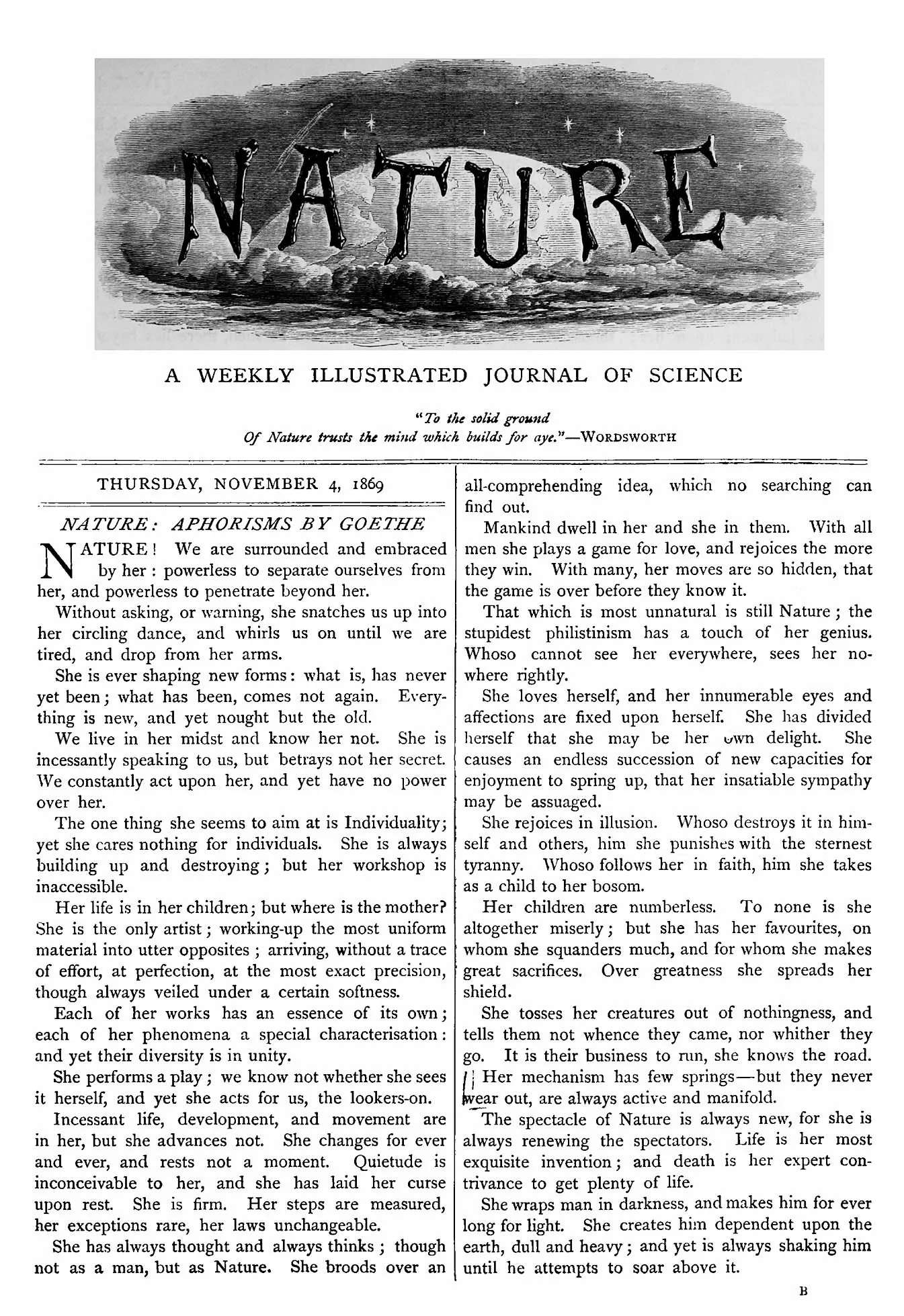 The first cover of Nature, published 4 November 1869.