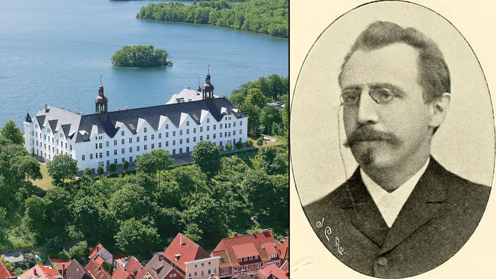 Plöner Schloss castle overlooking Lake Plön, and Heinrich Klebahn photographed as a young man.