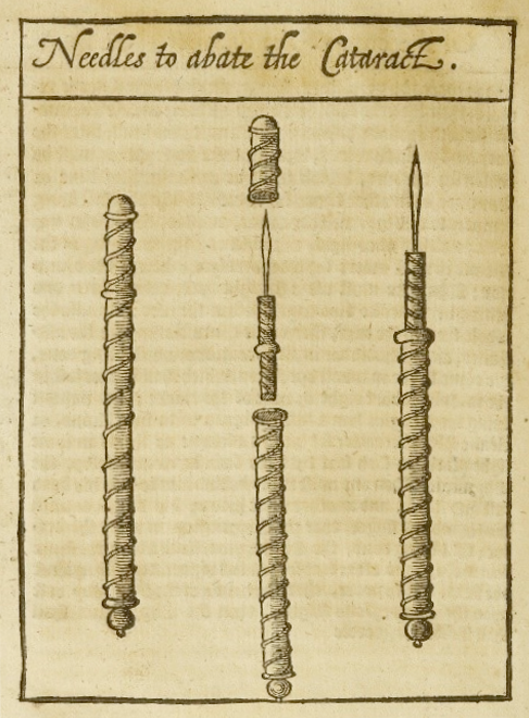 A drawing of medieval instruments used for couching, ca. 1630s.