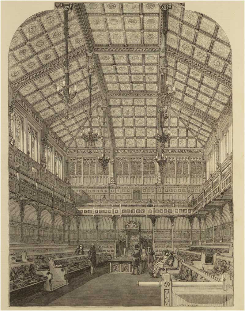 Interior of the House of Commons with the original gas chandeliers designed by Charles Barry and James Faraday (1852).