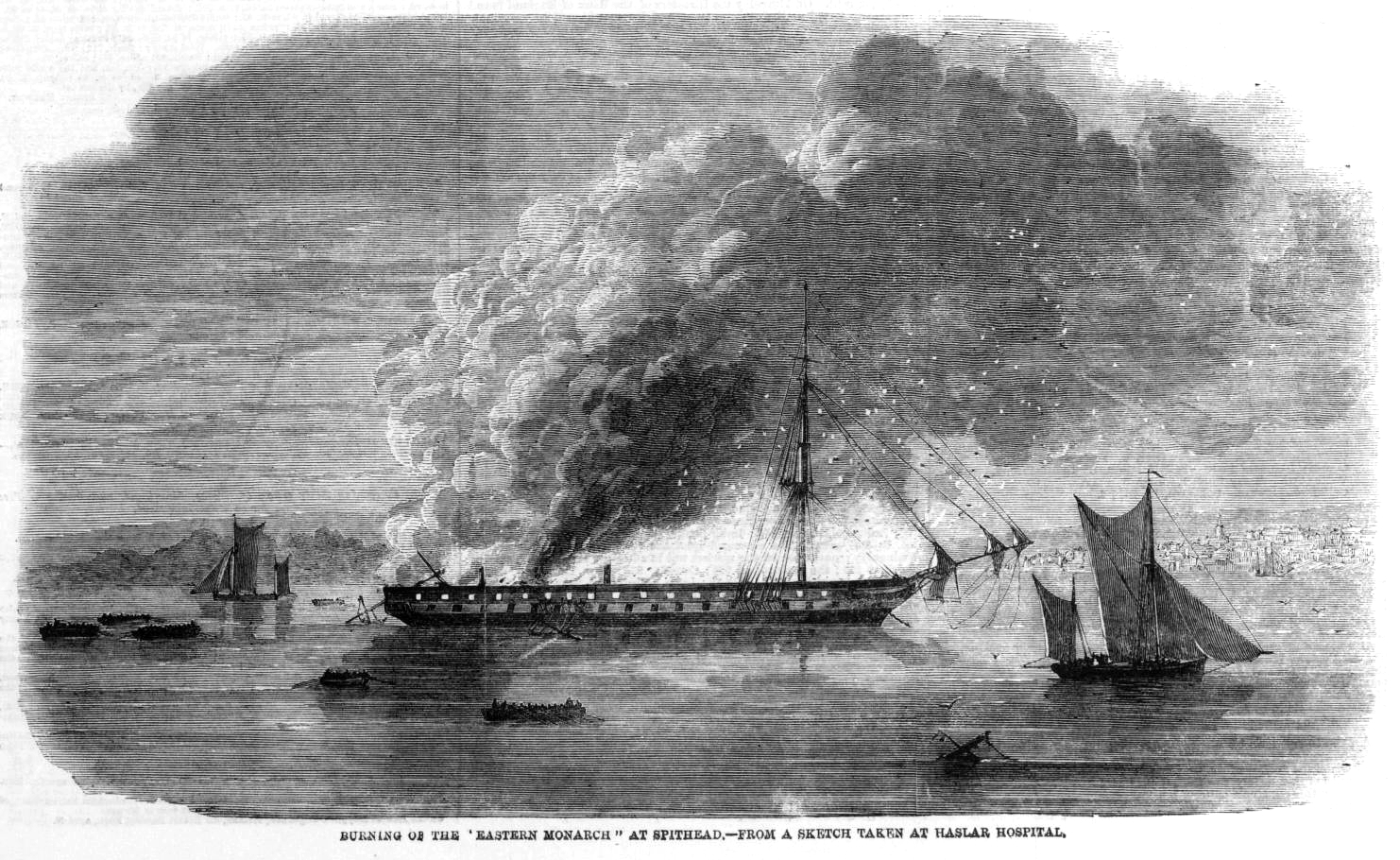 A saltpeter transport ship, the Eastern Monarch, burns off the coast of Spithead, United Kingdom.
