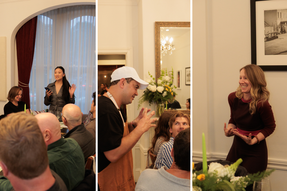 Speakers giving talks between courses at the dinner.