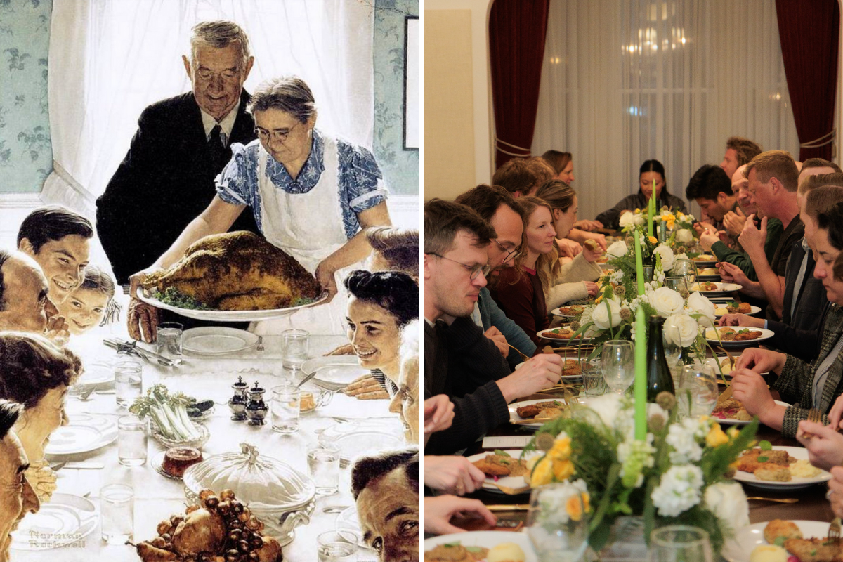 Norman Rockwell's Freedom From Want beside a plant-based reimagining.