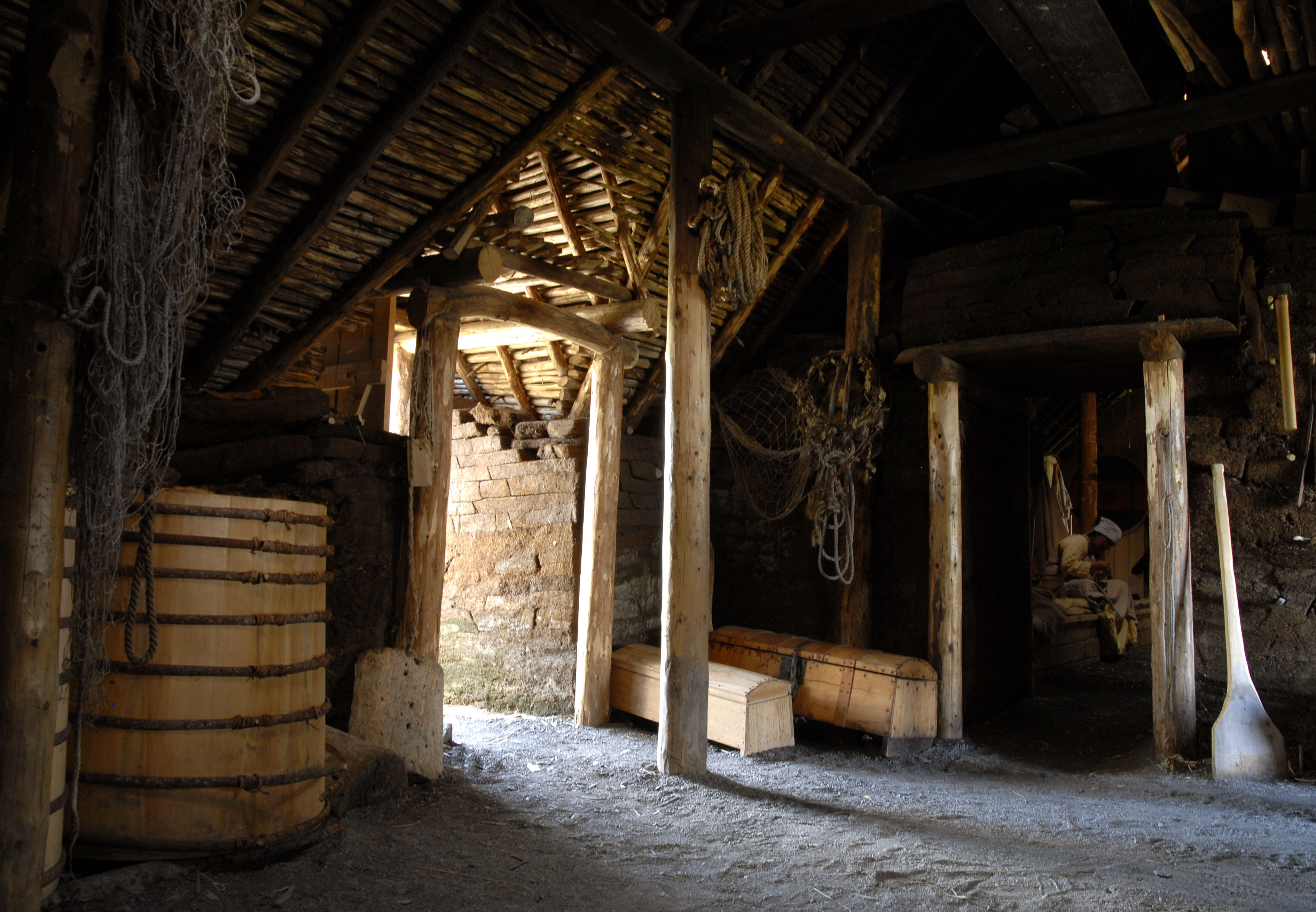 Interior of a reconstructed Viking home at L'Anse aux Meadows National Historic Site, Newfoundland.