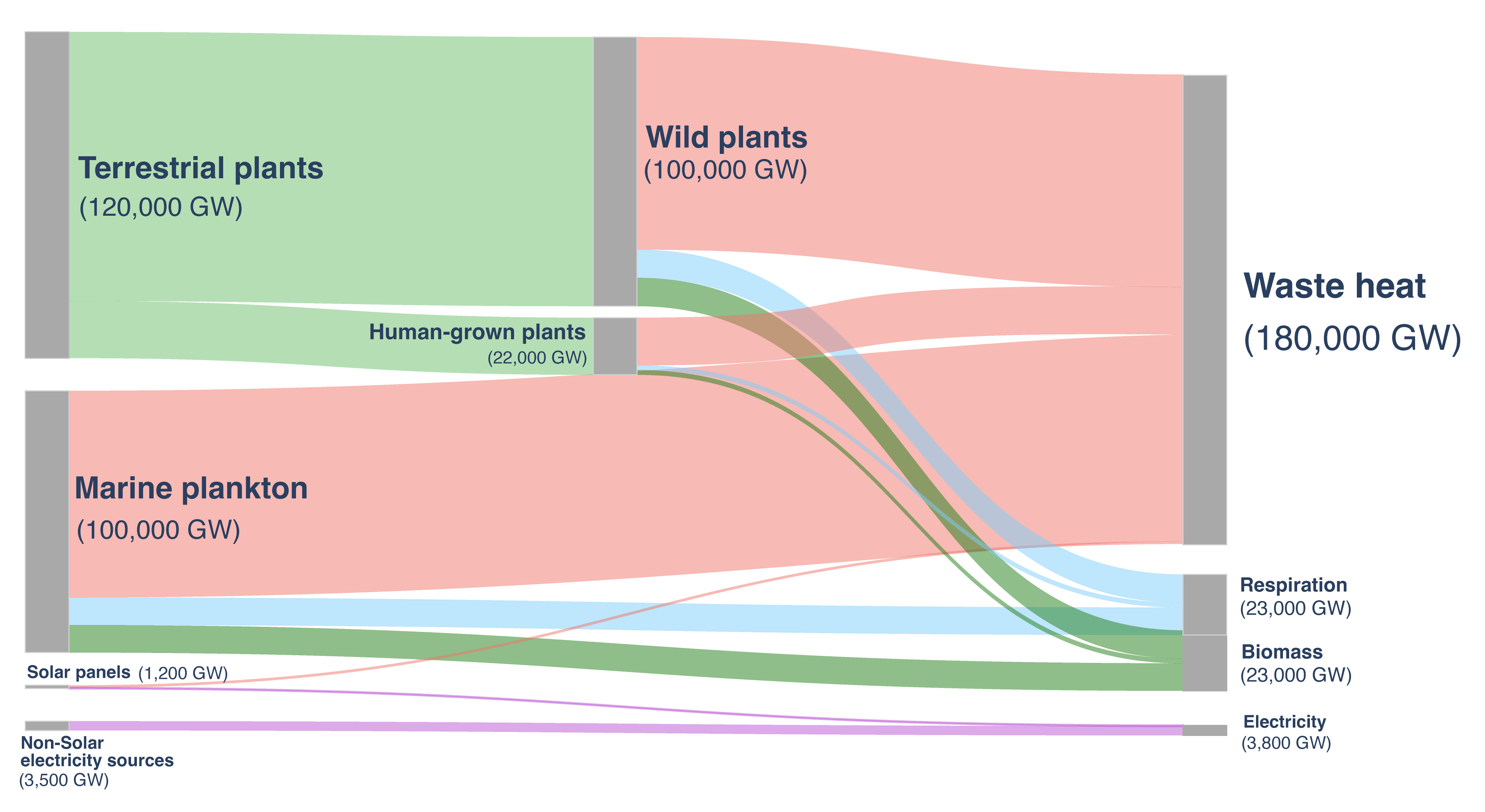 Sankey diagram showing the flow of energy through the major consumers of sunlight, measured in gigawatts.