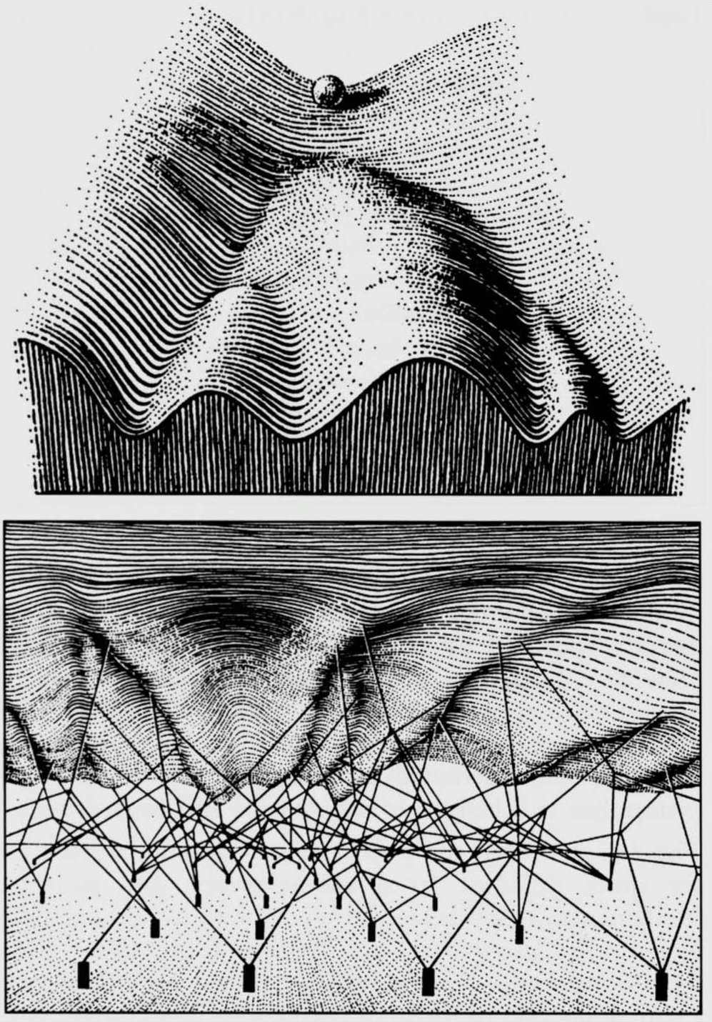Two diagrams showing a ball above a branching landscape and a network of lines beneath the landscape.