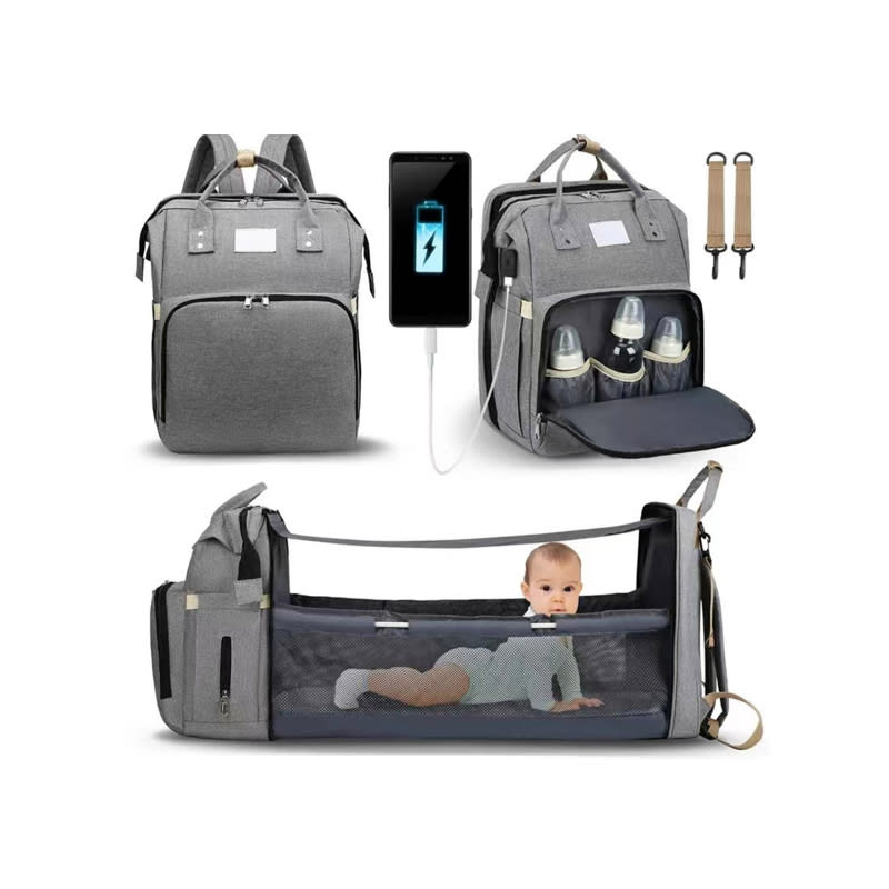 Gris Mochila 3 En 1 Pañalera Cuna Y Mudador Portátil Para Bebés — foto 1
