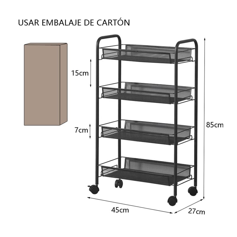 4 Niveles Negro Carrito Almacenamiento Organizador con Ruedas Acero inoxidable — foto 3