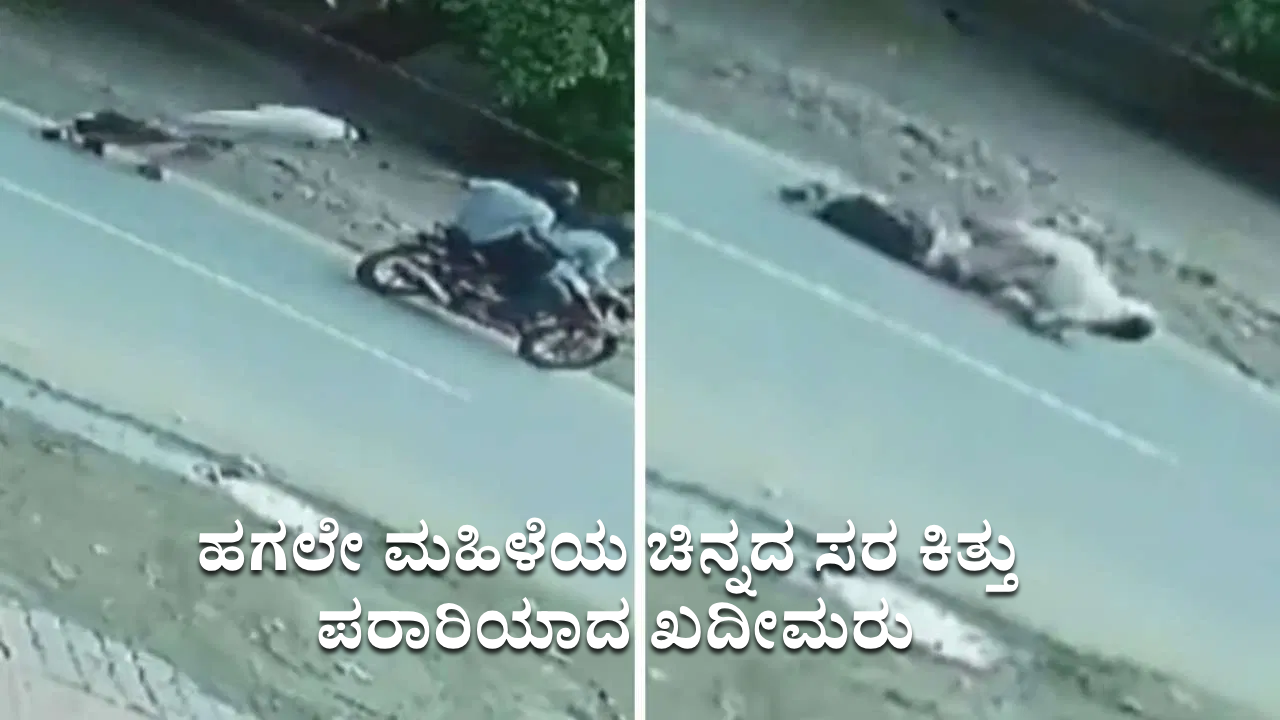 ಸಿಸಿಟಿವಿ ದೃಶ್ಯ: ಹಗಲೇ ಮಹಿಳೆಯ ಚಿನ್ನದ ಸರ ಕಿತ್ತು ಪರಾರಿಯಾದ ಖದೀಮರು ಸಿಸಿಟಿವಿ ದೃಶ್ಯ: ಹಗಲೇ ಮಹಿಳೆಯ ಚಿನ್ನದ ಸರ ಕಿತ್ತು ಪರಾರಿಯಾದ ಖದೀಮರು