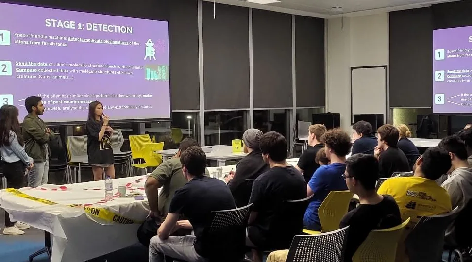 Wide shot of a team presenting