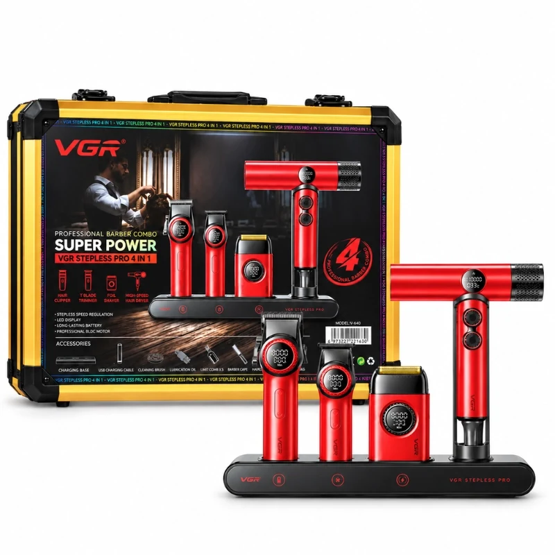 Coffret barbier VGR Stepless Pro 4 en 1 avec tondeuse, trimmer, rasoir et sèche-cheveux rouges sur base de charge