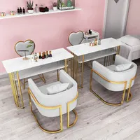 Double Station de Manucure Blanche & Dorée – Table Onglerie 2 Places avec Fauteuils