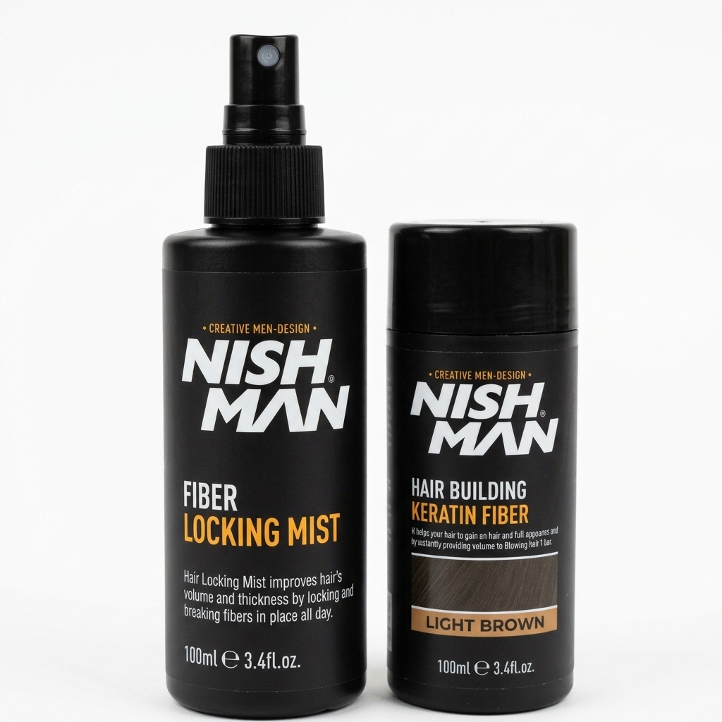 NISH MAN Hair Building Keratin Fiber + Fiber Locking Mist – Light Brown