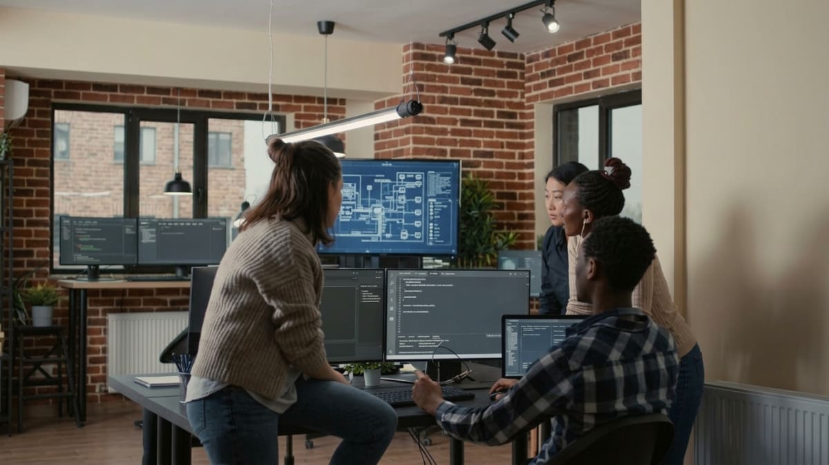 Equipo de trabajo reunido frente a varios monitores con un diagrama de procesos y código en una oficina