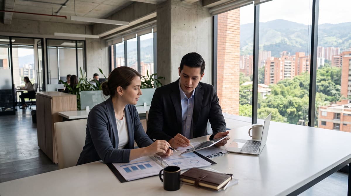 Dos profesionales revisan gráficos de ventas impresos y una tablet en una mesa de oficina con vista a la ciudad