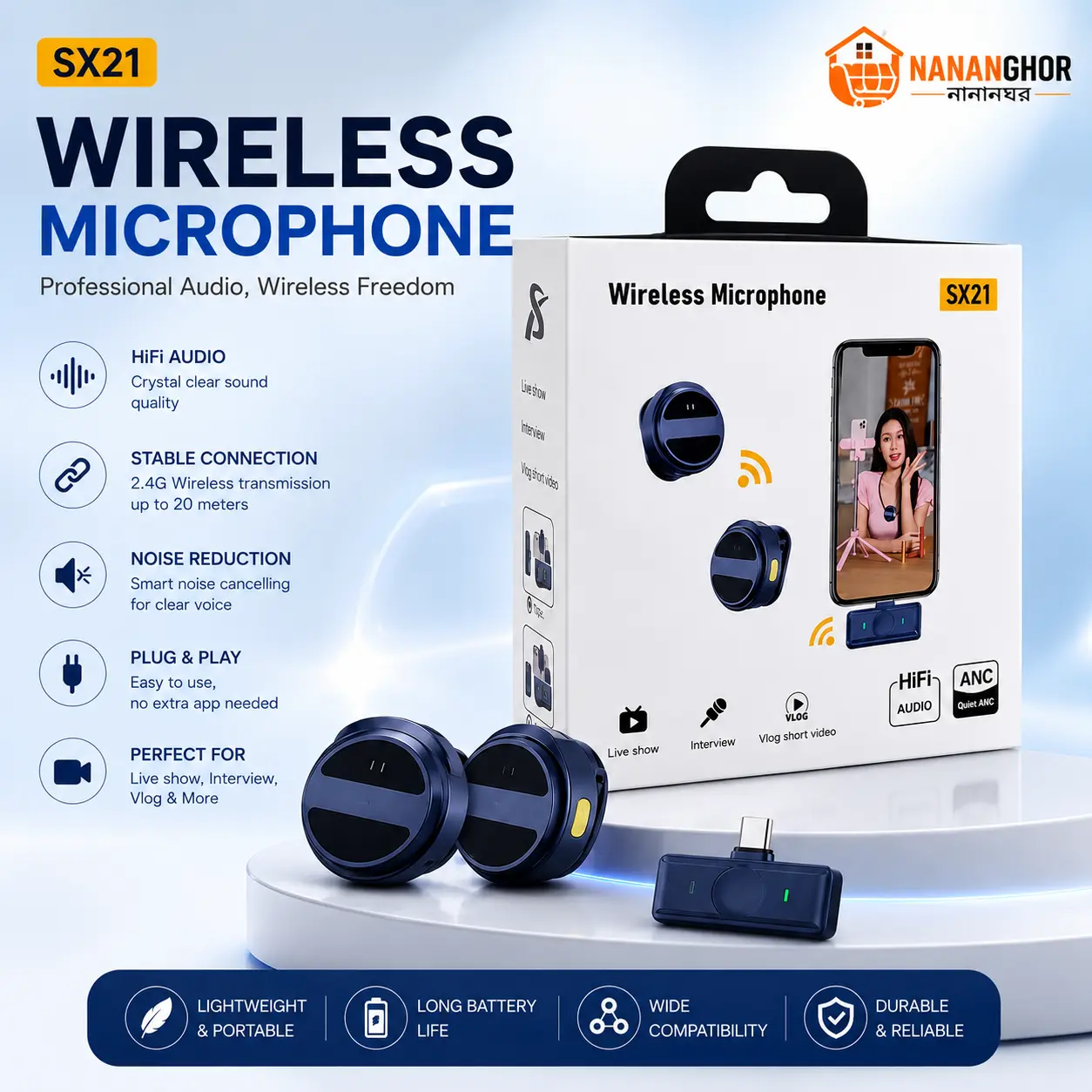 SX21-New 2-in-1 Wireless Lavalier Microphone – Dual Mic Setup for Crystal Clear Mobile Recording