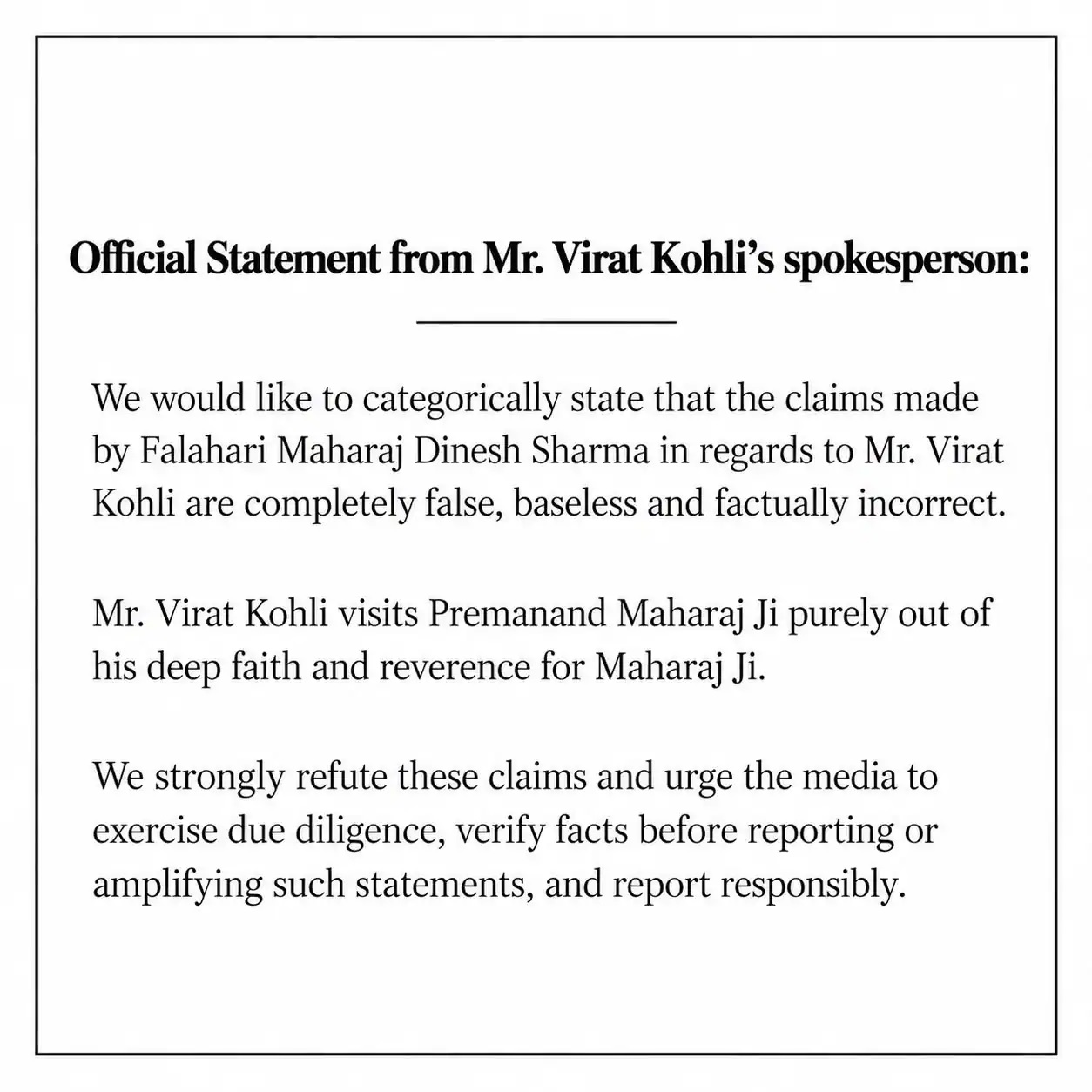 Kohli Spokesperson Statement