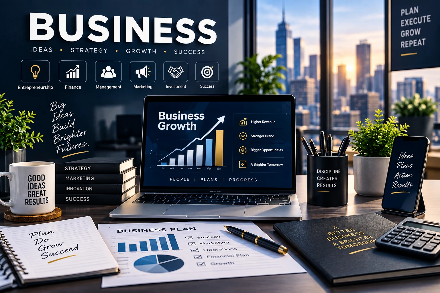 A premium business category image showing a modern corporate workspace with a laptop displaying business growth analytics, financial charts, strategy documents, calculator, smartphone, notebooks, and