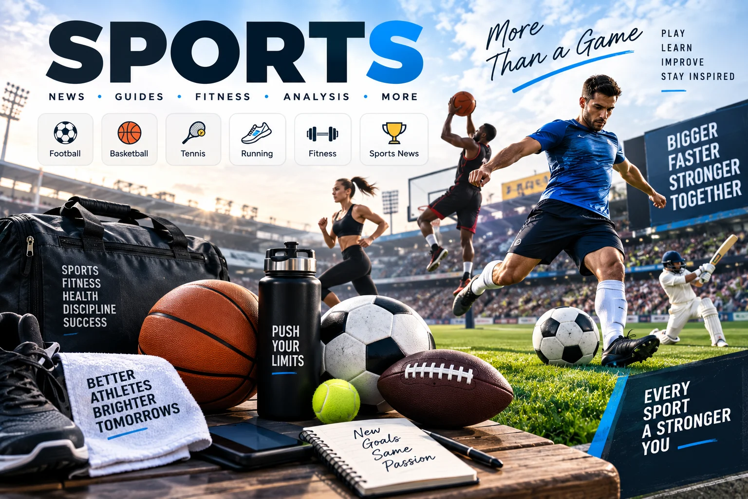 A dynamic sports category image featuring athletes in action across football, basketball, running, cricket, and tennis. The scene includes sports equipment such as balls, training shoes, a gym bag, wa