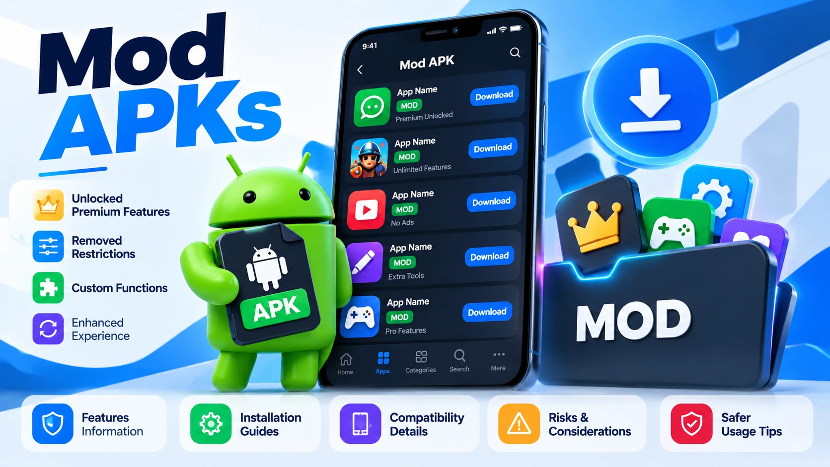 A modern Mod APKs category image featuring an Android-style mascot, smartphone app interface, download symbol, and MOD folder. The design highlights unlocked features, custom functions, compatibility,