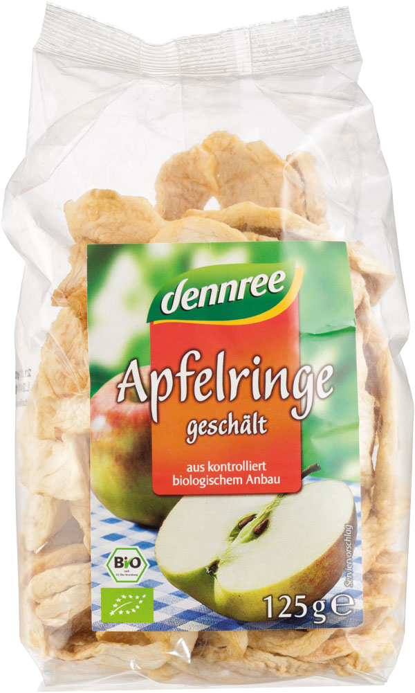 Dennree Apfelringe geschält & getrocknet 125g Packung