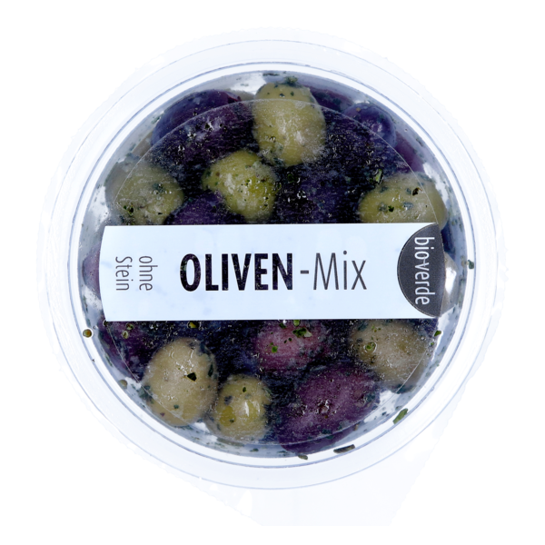 Bio Verde Prepack Oliven-Mix ohne Stein mariniert mit frischen Kräutern 80g Packung