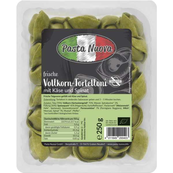 Pasta Nuova Vollkorn-Tortelloni mit Käse-Spinat-Füllung 250g Packung