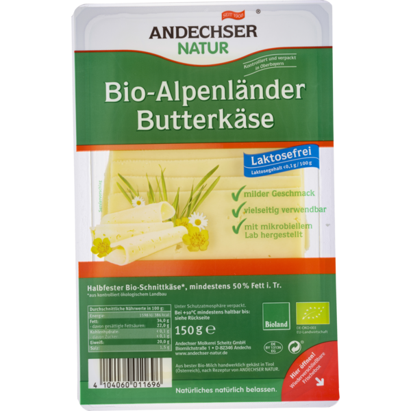 Andechser Alpenländer Butterkäse natur 150g Packung