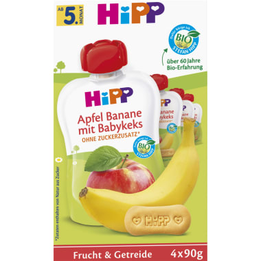 HiPP Quetschbeutel Apfel-Banane & Babykeks 4. Monat 4er-Packung