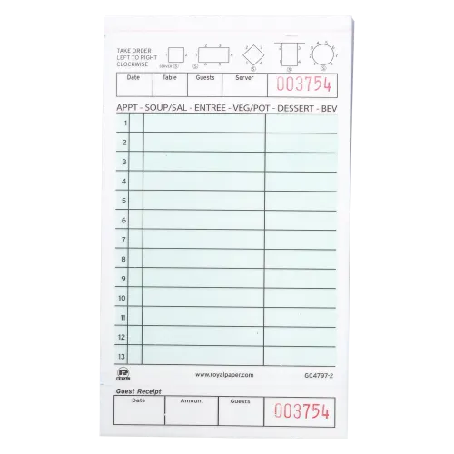 7.75" x 4.25" Green Multi-Part Carbonless Guest Checks