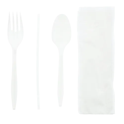 4-Piece Medium-Weight White Polypropylene Cutlery Kit With Straw
