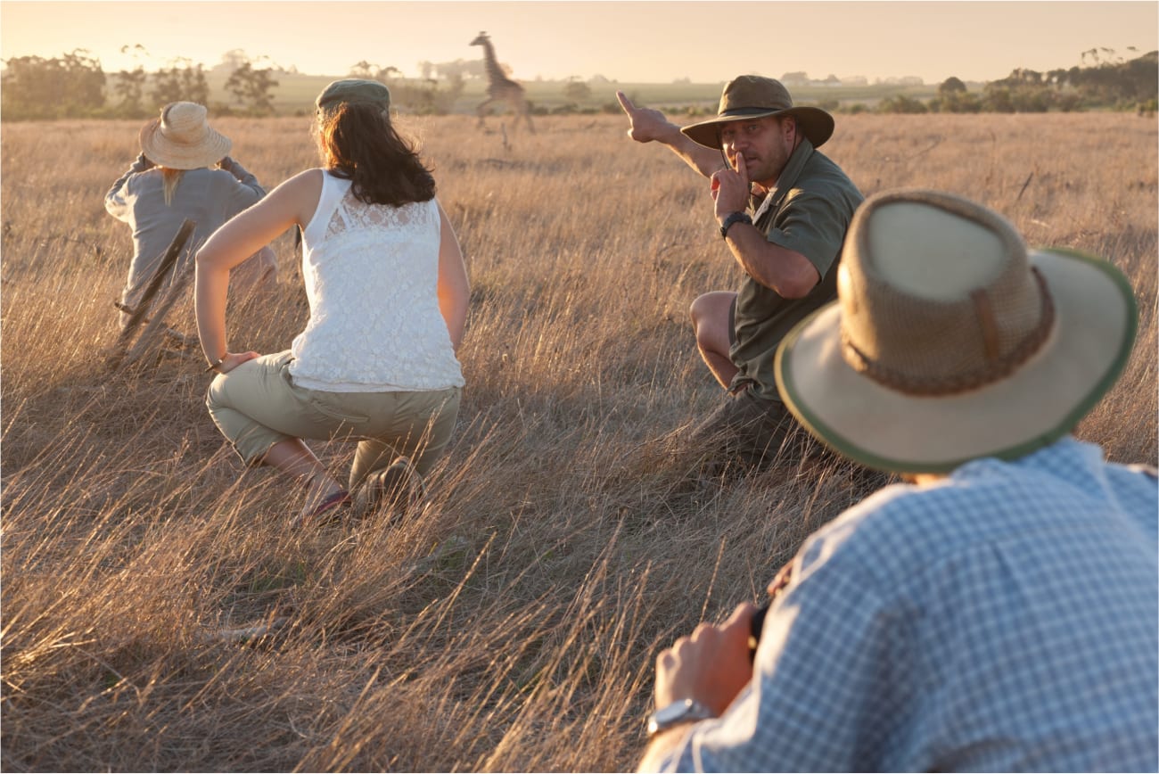 Safari Ranger und Touristen beobachten Giraffe bei einer sog. Walking Safari